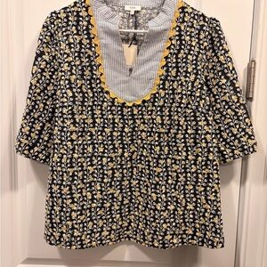 Chic Floral Navy and Yellow Blouse